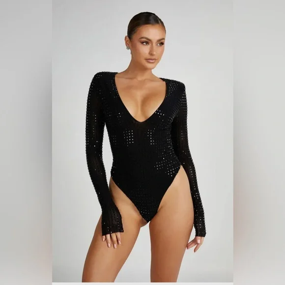 NWT Meshki Kennan Square Diamanté Bodysuit size Medium - Picture 3 of 11